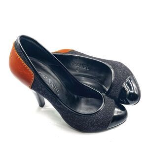 Chanel Women’s Two-Tone Wool Black & Brown Leather Peep-Toe Heels Size 39